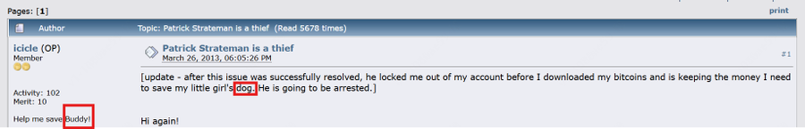 Bitcointalk post by icicle from March 26, 2013 with the signature 'Help me save Buddy!'