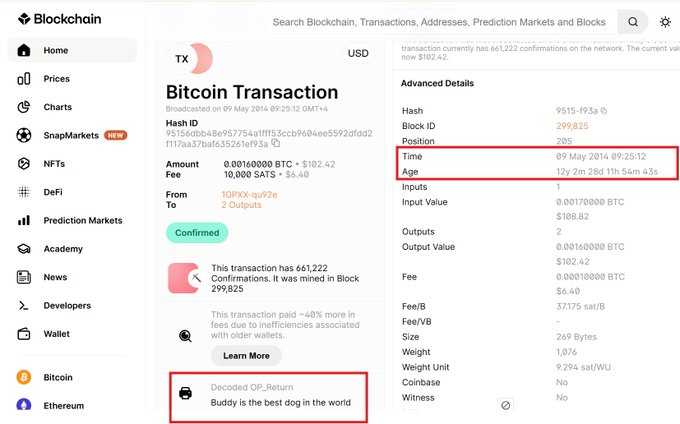 Blockchain.com explorer showing the May 9, 2014 transaction in block 299,825 with decoded OP_RETURN reading 'Buddy is the best dog in the world'